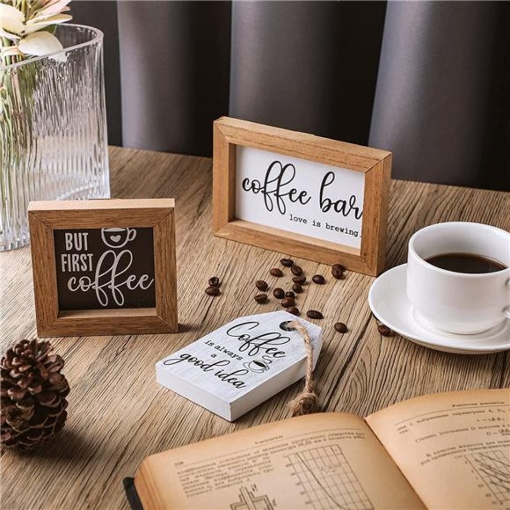 3 Pieces Mini Coffee Bar Sign Farmhouse Coffee Wooden Sign But First Coffee Wood - Picture 6 of 6